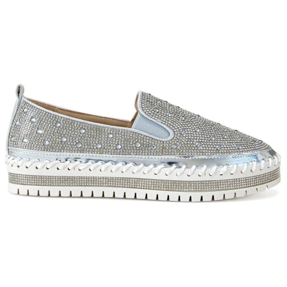 AZALEA WANG Brittany Silver Rhinestone Slip On Sneaker 9 NWT